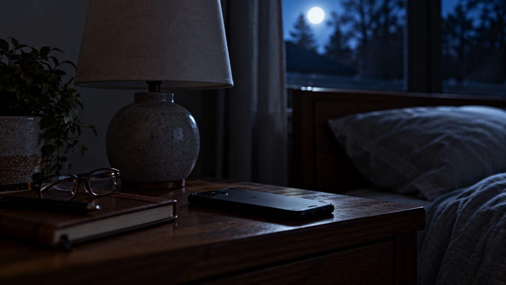 A quiet bedroom nightstand at night: a smartphone lying face down beside a switched-off lamp, reading glasses and a notebook, moonlight through the window.