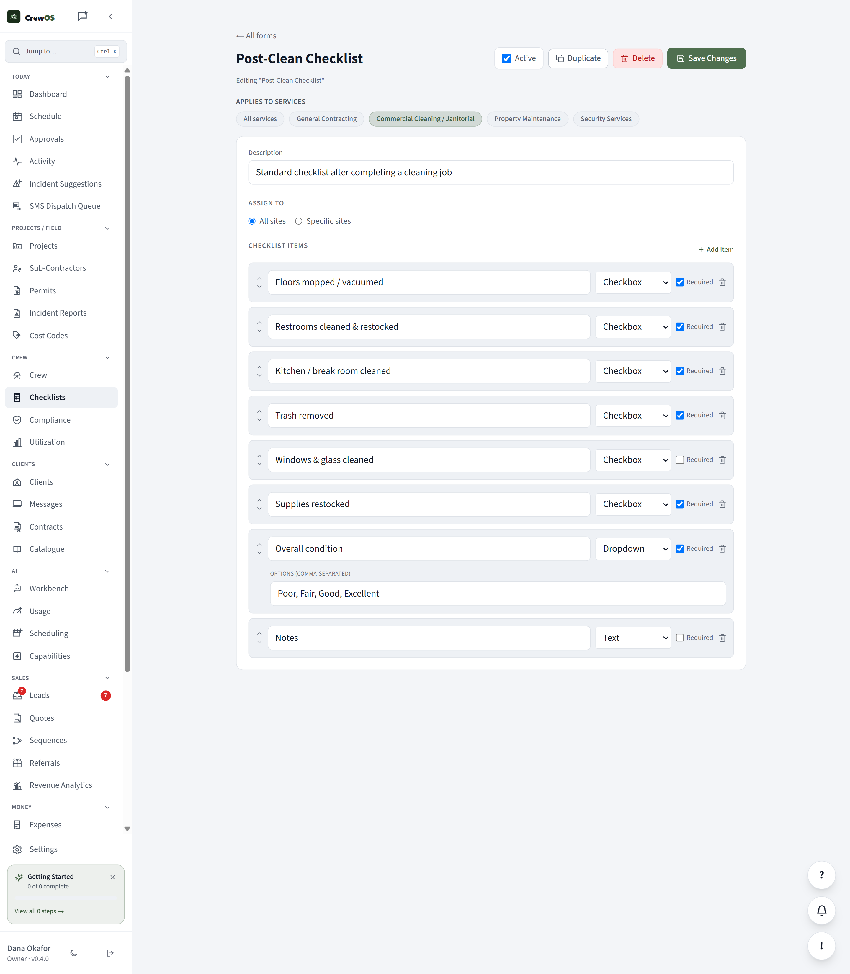 The CrewOS checklist editor showing a Post-Clean Checklist with per-item field types and required flags, scoped to the Commercial Cleaning / Janitorial service.