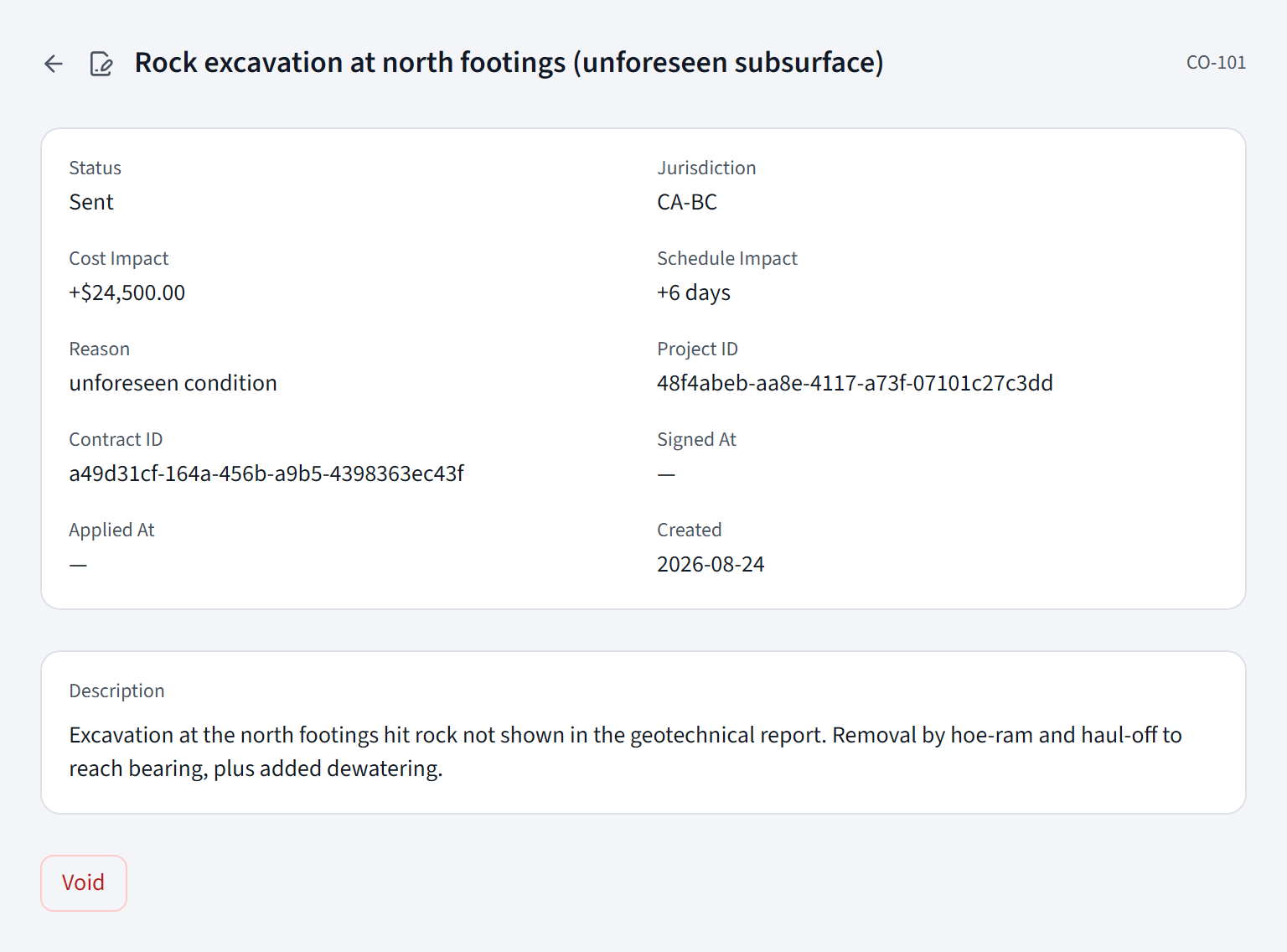 A real change order, priced at +$24,500 and +6 days, sent to the owner and sitting unsigned. Signed At is empty, Applied At is empty, and the only action is Void. There is no Apply button, because an unsigned change order cannot be applied.