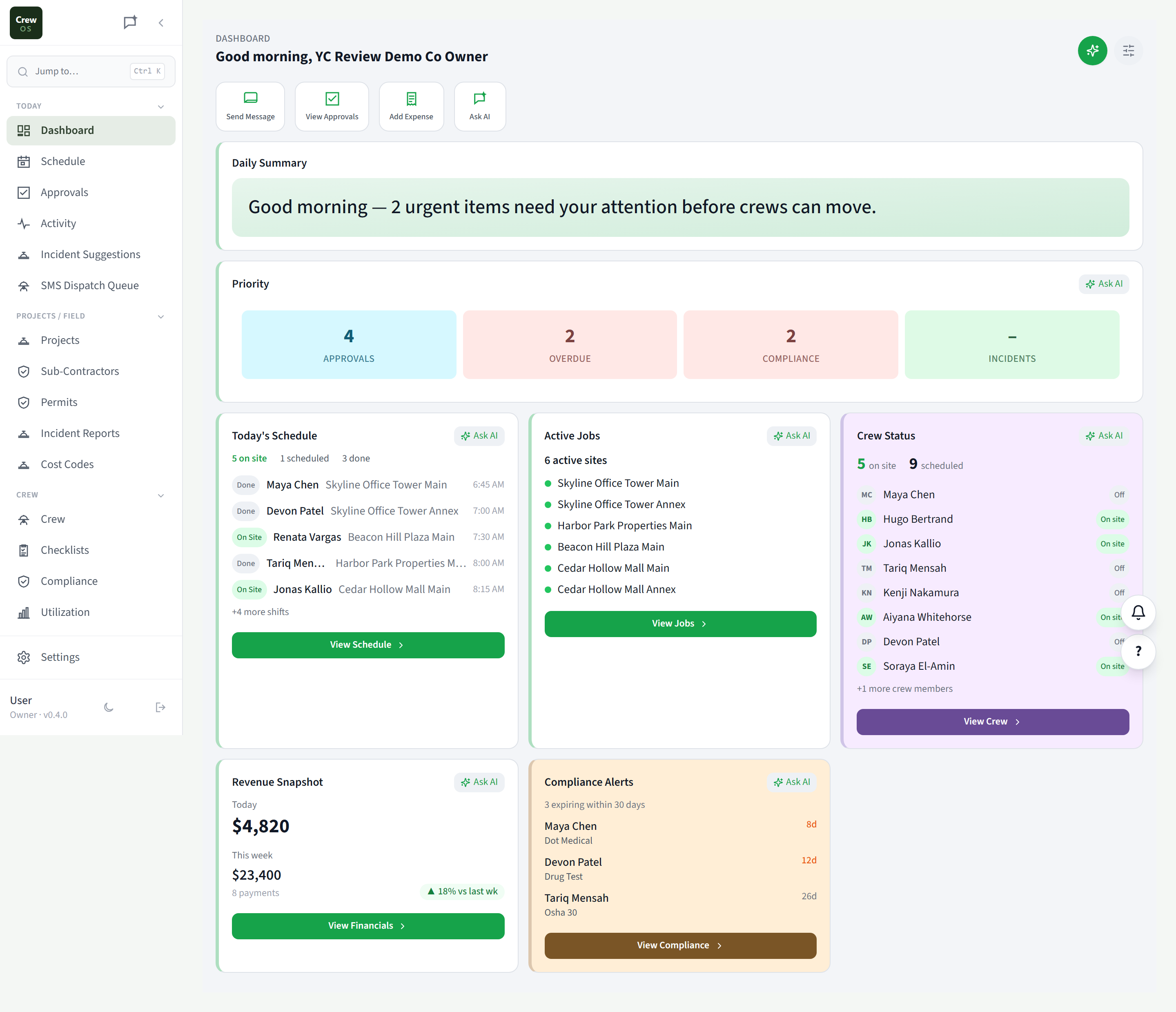 CrewOS owner dashboard