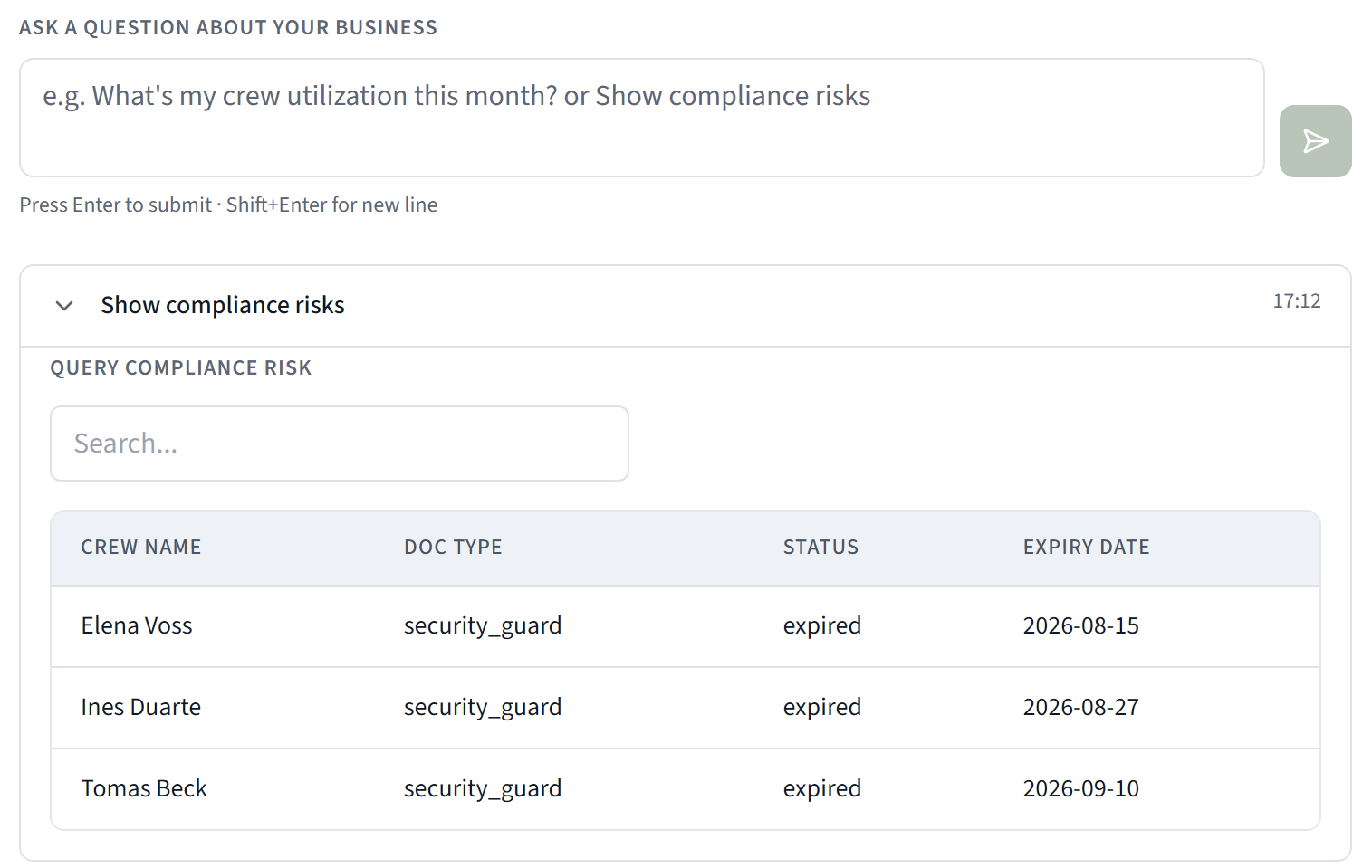 The Workbench Reports tab answering a compliance-risk question with a table of crew members, document types, status and expiry dates.